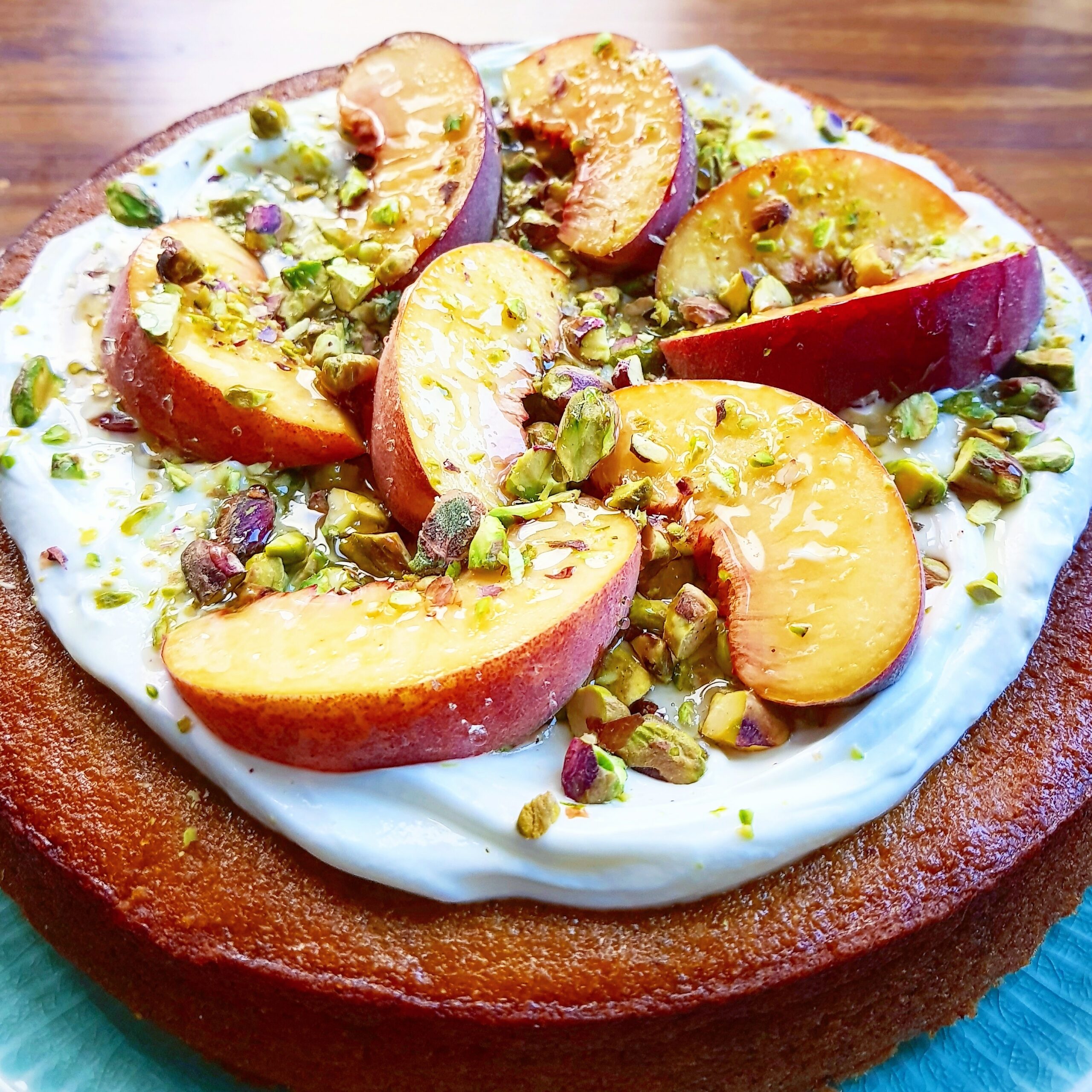 SABRINA’S PEACH, LIME & PISTACHIO POLENTA CAKE